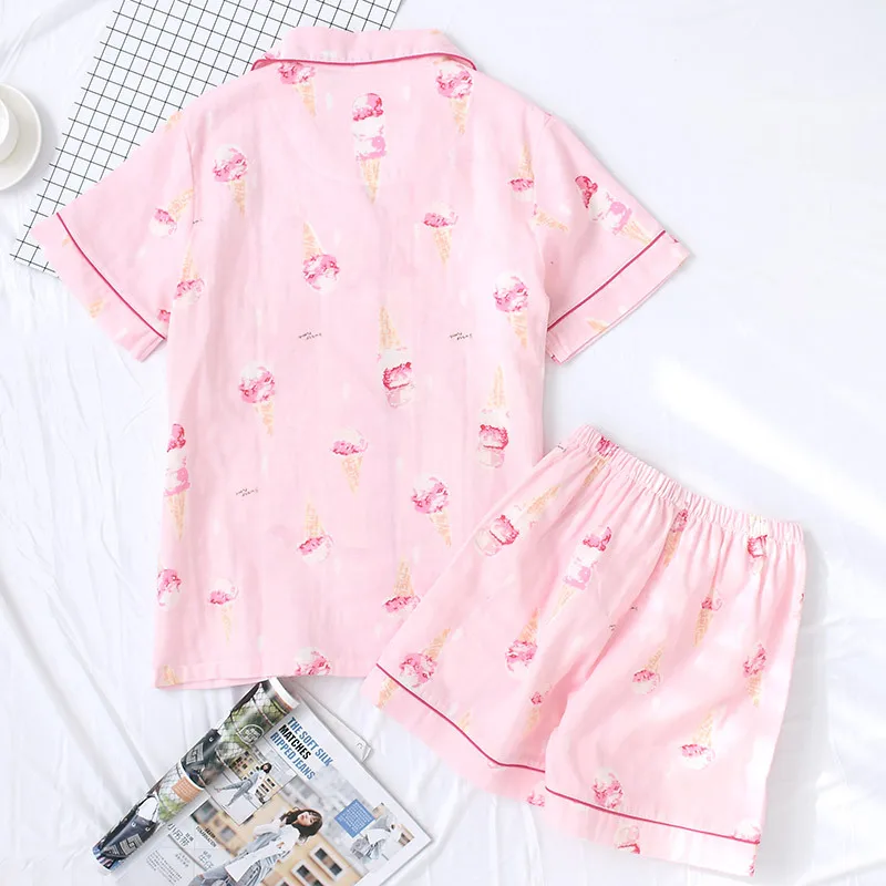 Summer Pajamas Set Women Pure Cotton Gauze Soft Short Sleeve Sleepwear with Shorts Ice Cream Ladies Homewear Loose Comfortable
