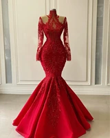 luxurious lace beaded evening dresses 2021 red shiny long sleeve high neck mermaid prom gowns vestidos