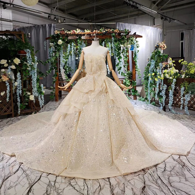 

BGW HT4167 Champagne Luxury Wedding Dress With Train O-neck Long Sleeve Lace Bridal Dresses High-end Vestido De Noiva 2020 Luxo