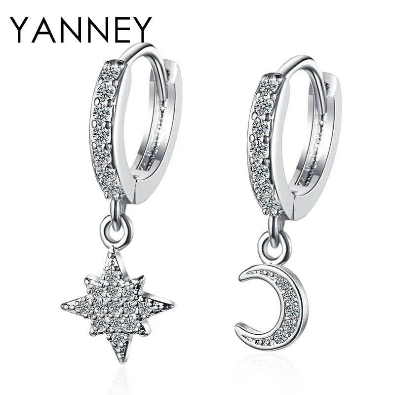 

YANNEY 925 Sterling Silver CZ Zircon Star Moon Pendant Hoop Earrings For Women Gold/Silver Fashion Wedding Earrings Jewelry Gift