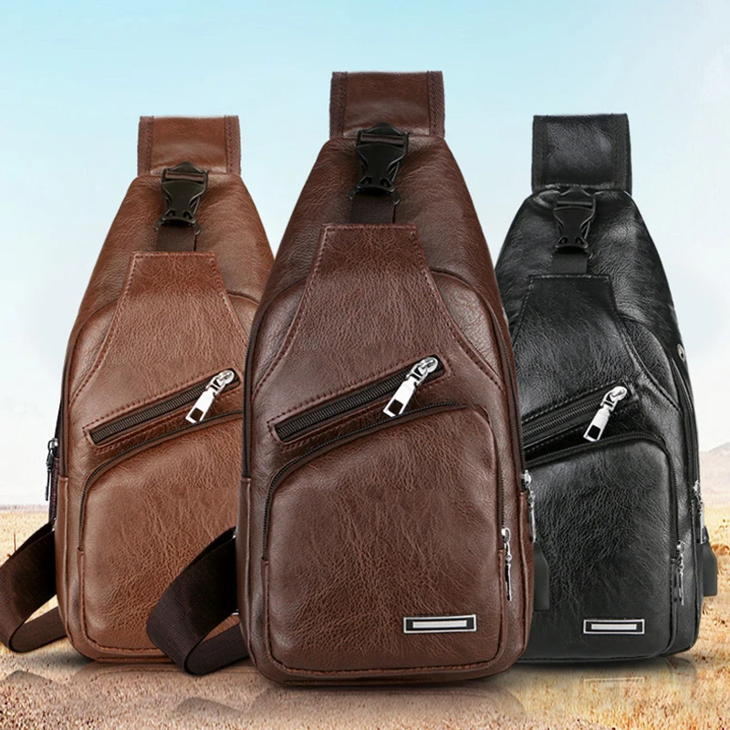 Мужские сумки с USB-портом для зарядки, нагрудная сумка, маленькая сумка с отверстием для кабеля для наушников, коричневый, черный от AliExpress WW
