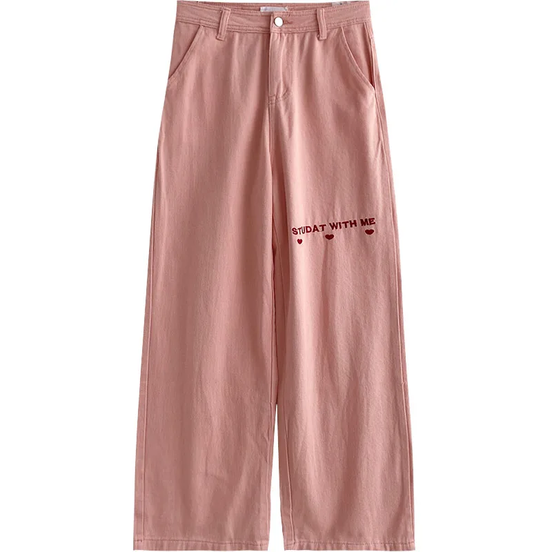 

Kimutomo Casual Heart Embroidery Women Jeans 2021 Summer New Hong Kong Style Female High Waist Chic Pink Wide Leg Pants New