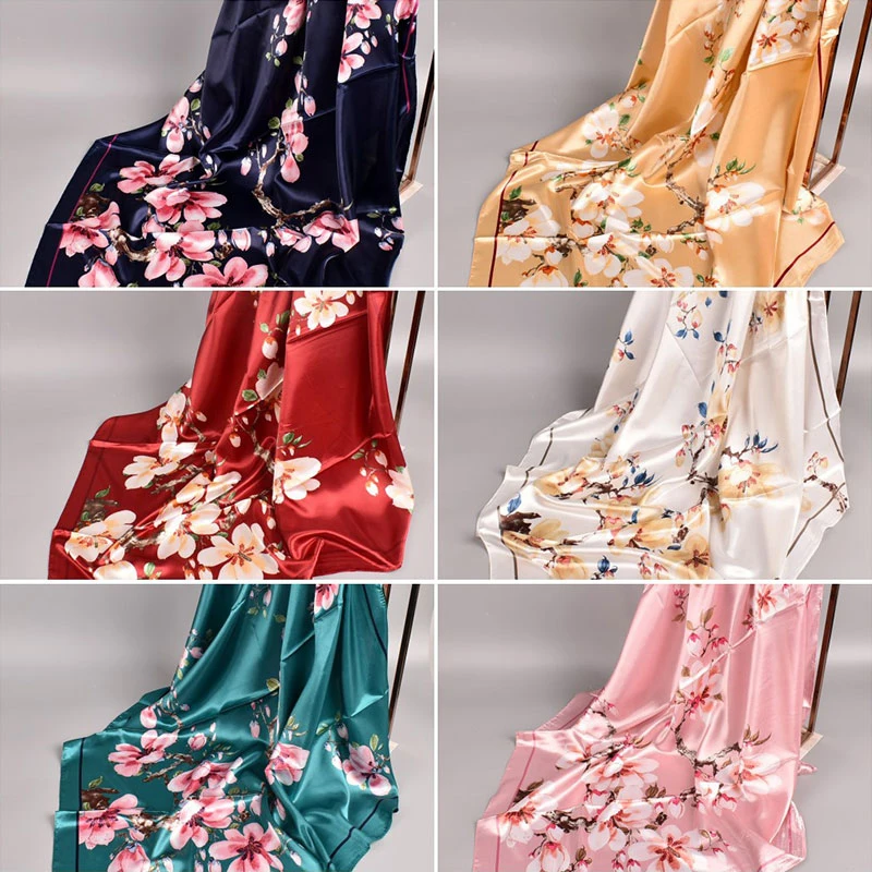 

Fashion Kerchief Hair Scarf For Women Floral Print Silk Satin Hijab Scarfs 90*90cm Square Shawl Headband Scarves For Ladies 2021