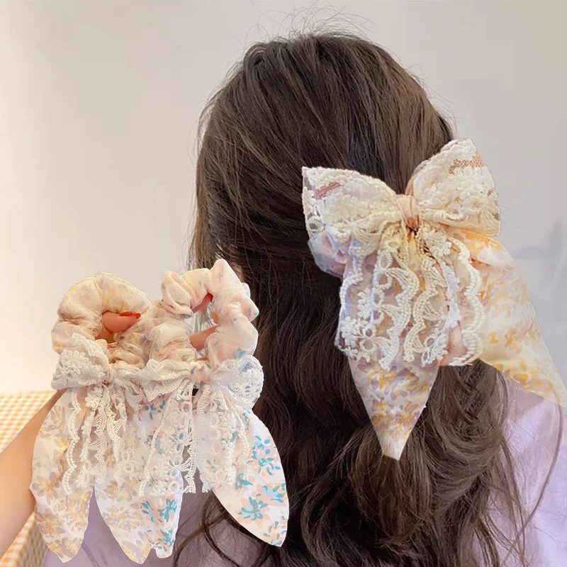 

Fashion Print Bow Lace Ribbon Ponytail Scarf Hair Tie Scrunchies Headband For Women Girls Elastic Hair Bands Hair Accessories