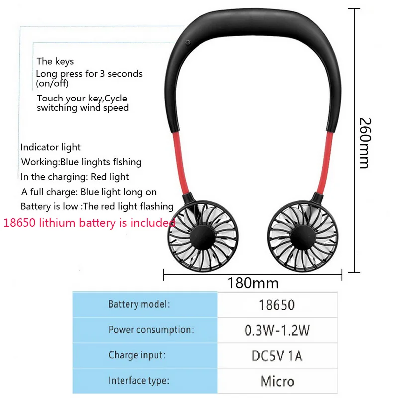 USB портативный ручной Neckband вентилятор перезаряжаемый 1200ма батарея работает с