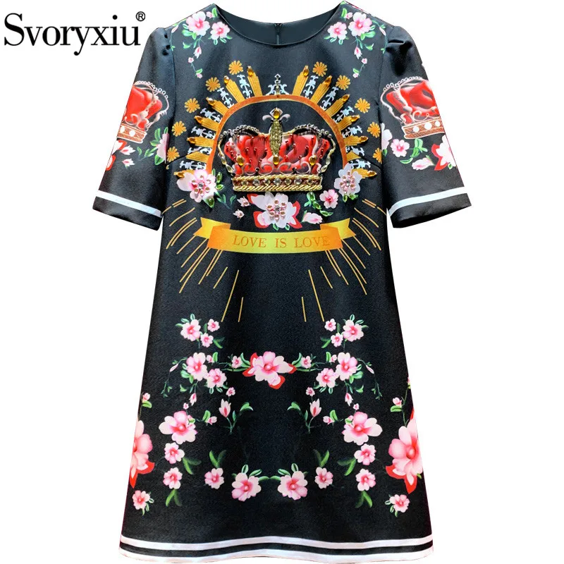 

Svoryxiu Runway Summer Vintage Black Loose Short Dress Women's luxury Crystal Diamond Crown Flower Print Fashion Dresses