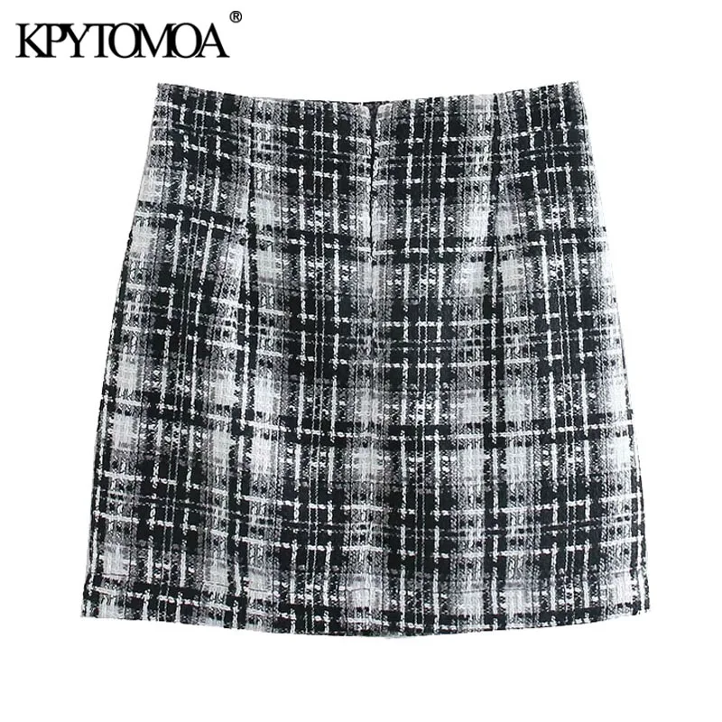 

KPYTOMOA Женская 2021 шикарная модная офисная одежда твидовая мини-юбка Винтажная с высокой талией и молнией сзади женские юбки
