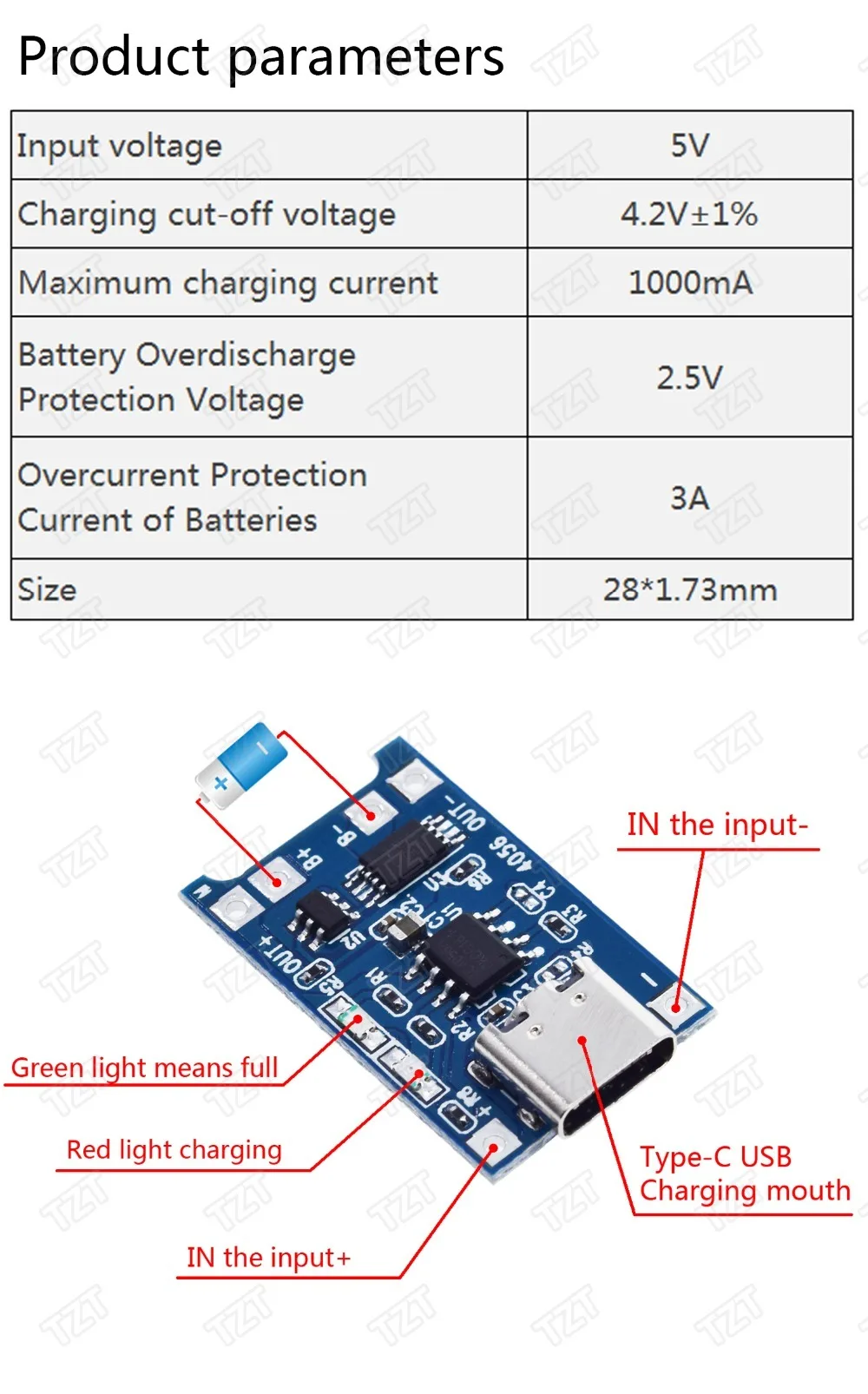 TZT тип-c/Micro USB 5V 1A 18650 TP4056 модуль зарядного устройства литиевой батареи зарядная плата с защитой двойные функции 1A li-ion