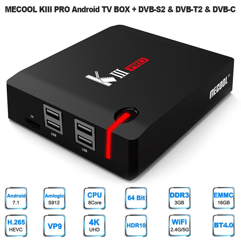 MECOOL KIII PRO DVB S2 T2 C Android 7 1 TV Box 3 Гб 16 ROM Amlogic S912 Восьмиядерный 2 4G/5G WiFi 4K 1000M Smart