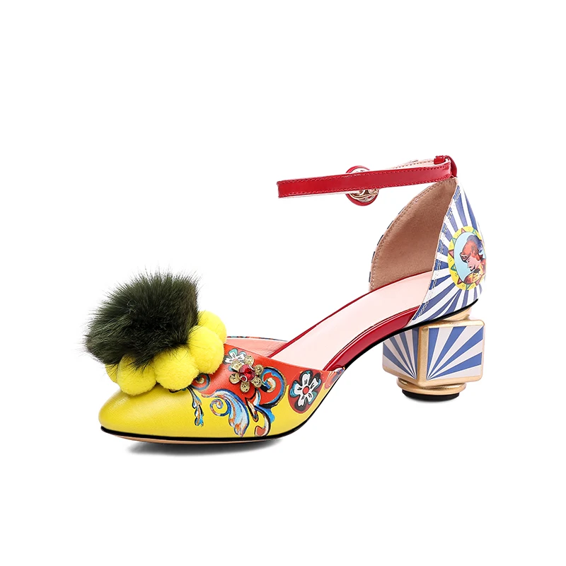 Koovan Women Sandals 2020 New Retro National Style Women's Shoes 3D Color Printing Pompom High Heeled Bridal Wedding | Обувь