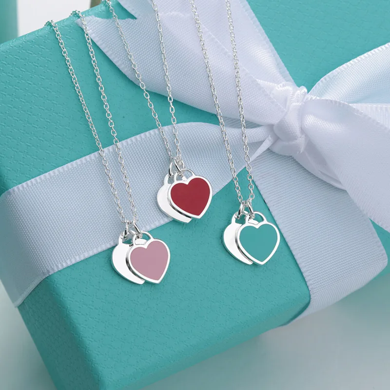 

High quality S925 sterling silver classic heart-shaped jewelry gift tag with blue enamelled women's sweet romantic necklace