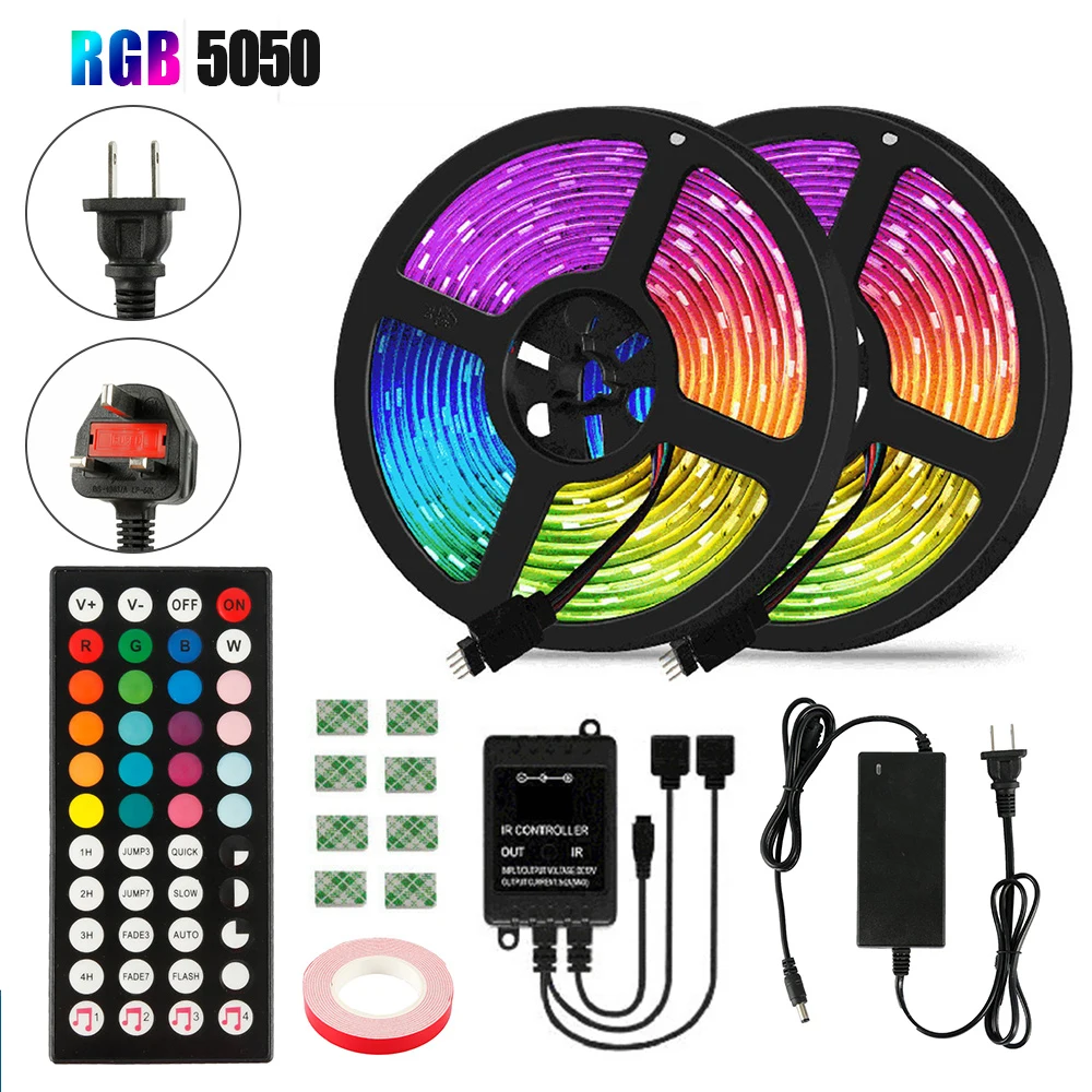 LED Strip 5050 DC 12 V RGB Flexible Tape Ribbon Light for Room SMD 10M Diode Remote +Adapter plug | Лампы и освещение