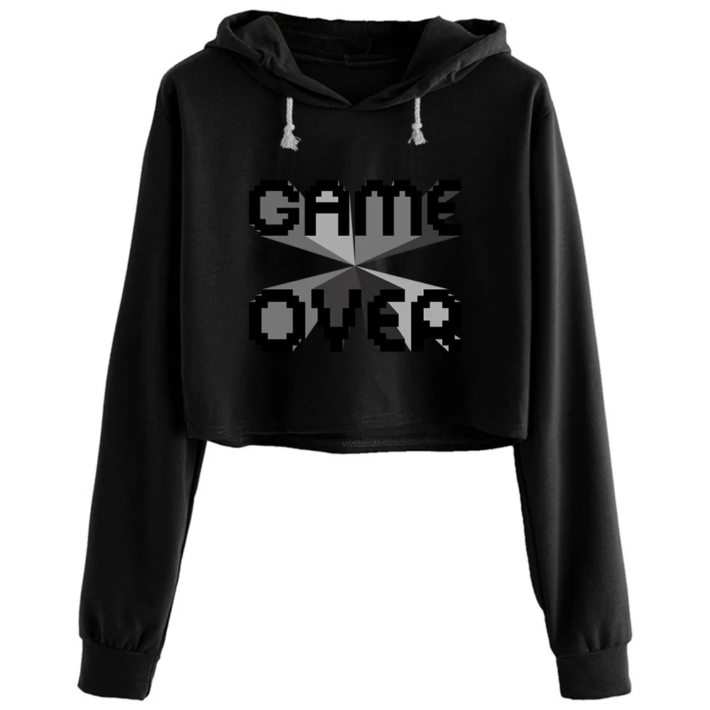 

Game Over Crop Hoodies Women Harajuku Anime Emo Aesthetic Pullover For Girls