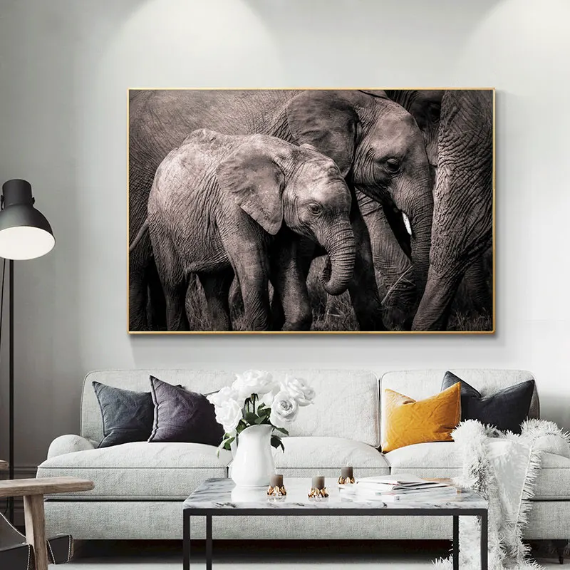 

Black And White Afrian Elephants Oil Painting on Canvas Scandinavian Posters and Prints Cuadros Wall Art For Living Room