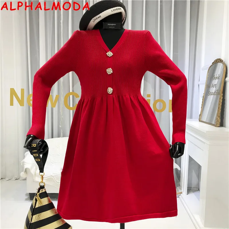 ALPHALMODA 2019 зимнее новое модное винтажное трикотажное платье трапециевидной формы