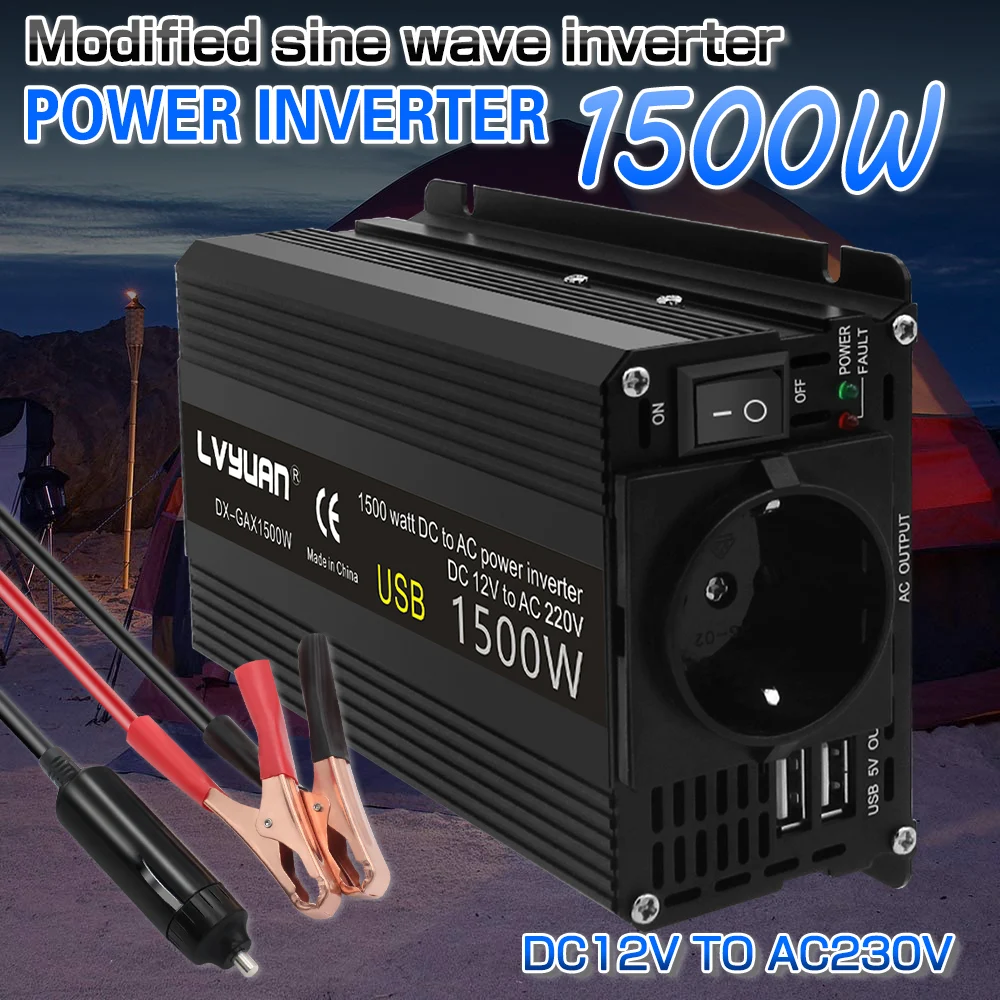 

1500W 2000W 2600W DC12V to AC220V-240V Portable Car Power Inverter Converter Transformer Vehicle Power Supply EU socket dual USB