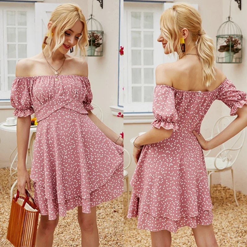 

Женское летнее платье с открытыми плечами и горизонтальным вырезом, облегающее приталенное платье с цветочным принтом