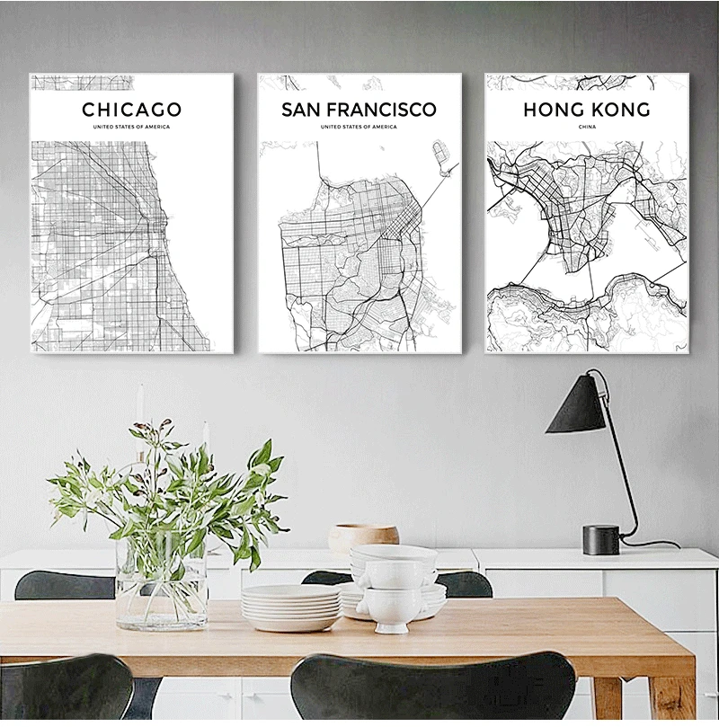 Черный и белый карта городов мира Нью-Йорк Токио Париж настенный художественный