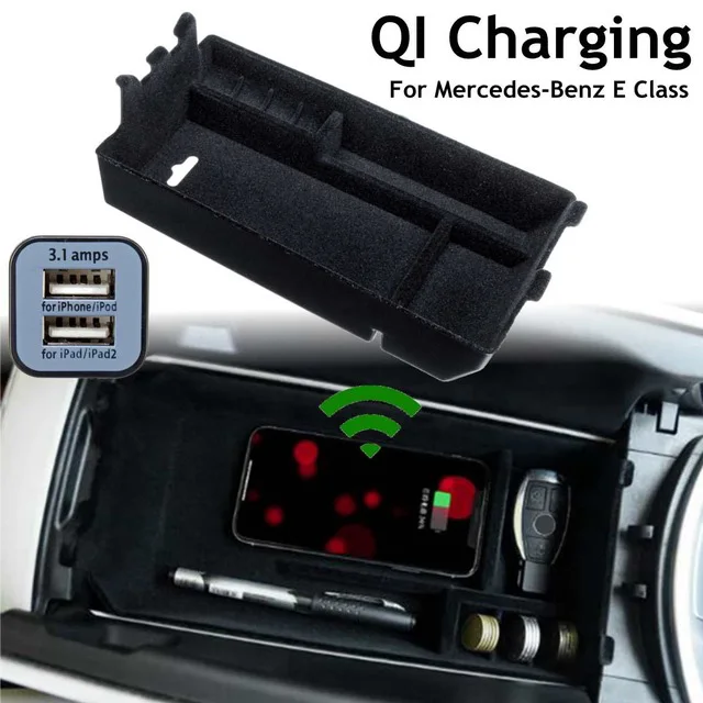 Car Wireless Mobile Phone Charging Panel Central Armrest Box Storage for Mercedes-Benz E Class W213 E200 E300 2016 2017 2018 |