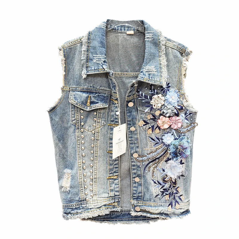 Summer Fashion Beading Diamonds Flowers Waistcoat Women Denim Vest Frayed Holes Sleeveless Jacket Female Slim Short Jeans | Женская