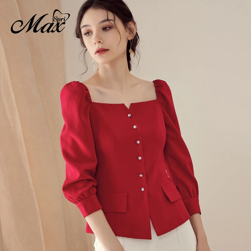 

Max Spri 2020 New Square Neck Women Vintage Puff Three Quarter Sleeve Button Shirt Slim Top OL Style Daily Outfit Tops Red