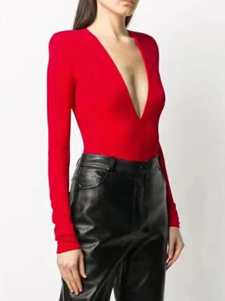 

Ретро, ​​однотонный, сексуальный, с V-образным вырезом, трикотажный, стрейч, обтягивающий, цельный, женский, новая осень, модный, универсальн...