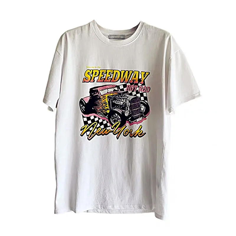 

Hillbilly American Vintage Automobile and Letters Printed Women Tees White Cotton Plus Size Short Sleeve White Graphic T shirts