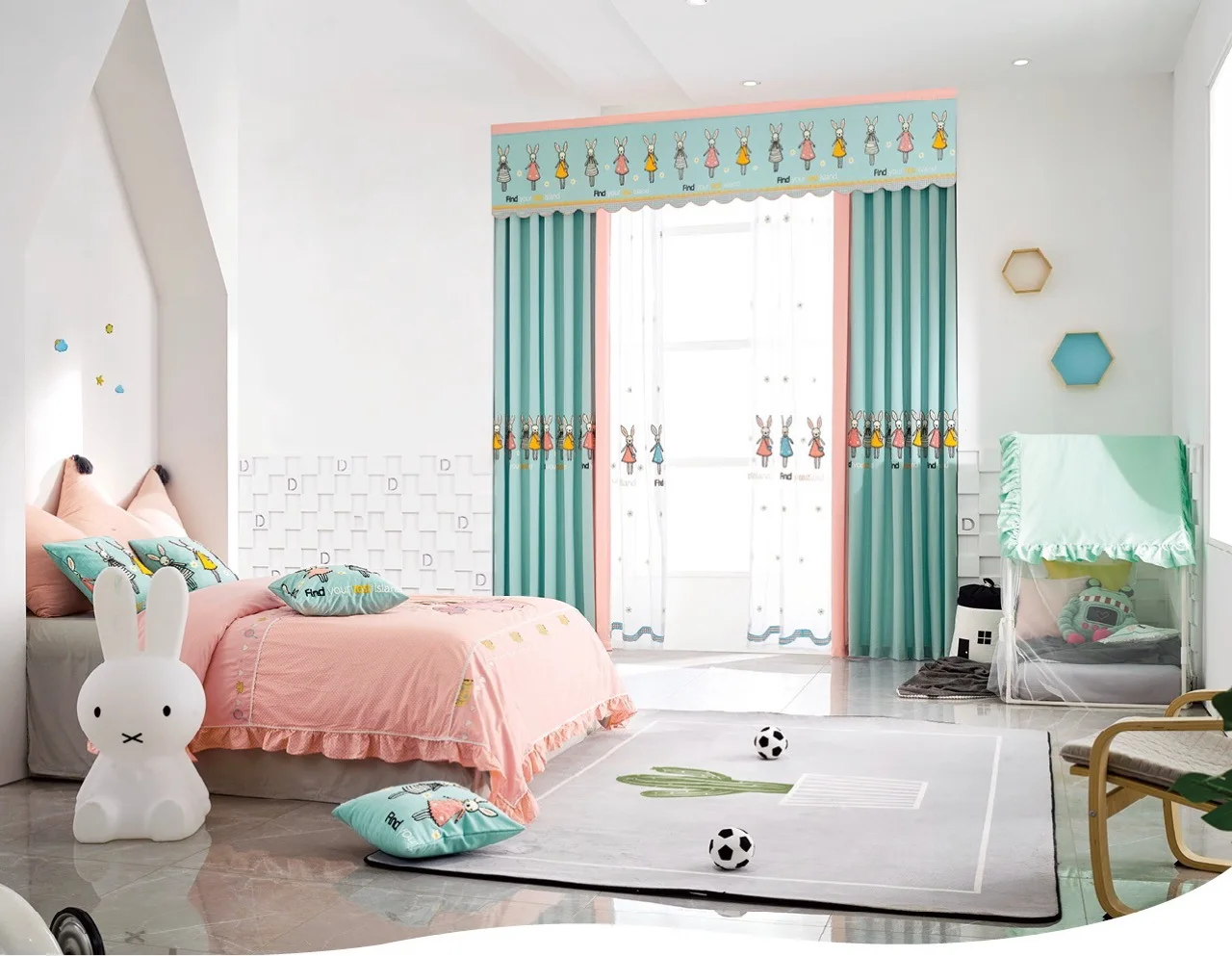 

New Nordic Cute Cartoon Luminous Pink Rabbit Curtain Children's bedroom curtains Decoration + Full Light Shading Curtains