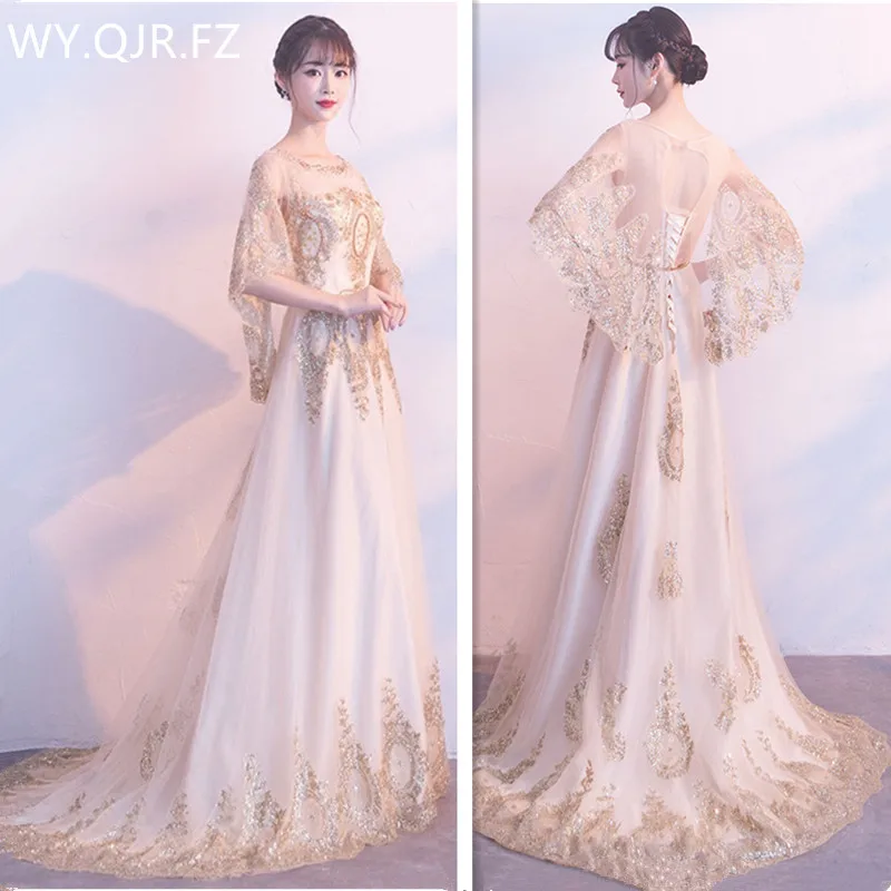 

HJZY-150#Long Evening Dresses lace up O-Neck Watteau Train graduation gown party prom dress customize wholesale embroidery girl
