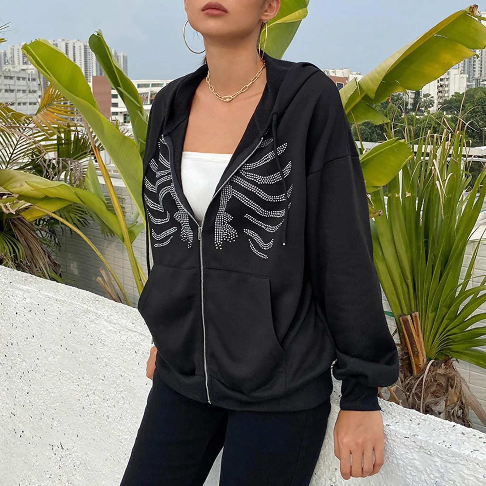 

Zip Up Hoodie Women Vintage Hoodies Y2k Clothes Long Sleeve Hooded Zipper Rib Rhinestone Casual Sweatshirt Sudaderas Con Capucha