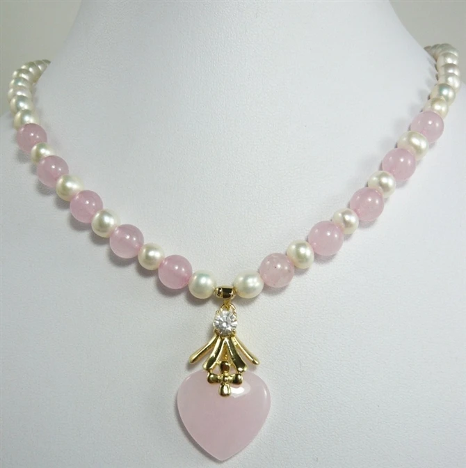 

pretty 7-8mm mixed white pearl & pink jade bead + heart jade pendant necklace