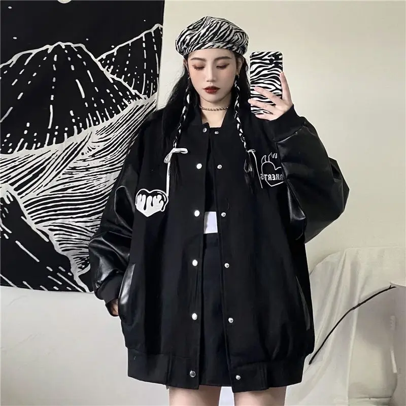 

Spring Autumn Women's Leather Jacket Korean Oversized Harajuku Style Embroidery Streetwear Female Loose Outerwear Pure Black