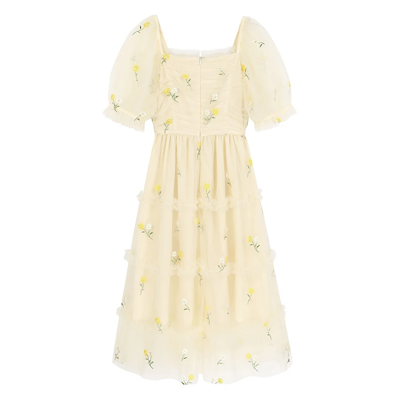

[EAM] Women Yellow Embroidery Mesh Pleated Dress New Square Neck Short Sleeve Loose Fit Fashion Tide Spring Summer 2021 1DD7997