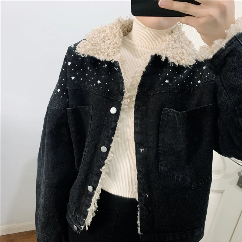 Женская джинсовая куртка из овечьей шерсти универсальная утепленная на флисе