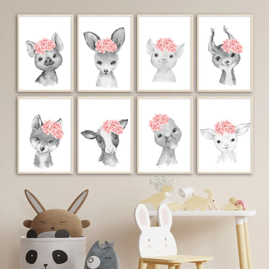 

Peony Pig Rabbit Fox Cow Duck Sheep Animals Wall Art Canvas Painting Nordic Posters And Prints Wall Pictures Kids Room Decor
