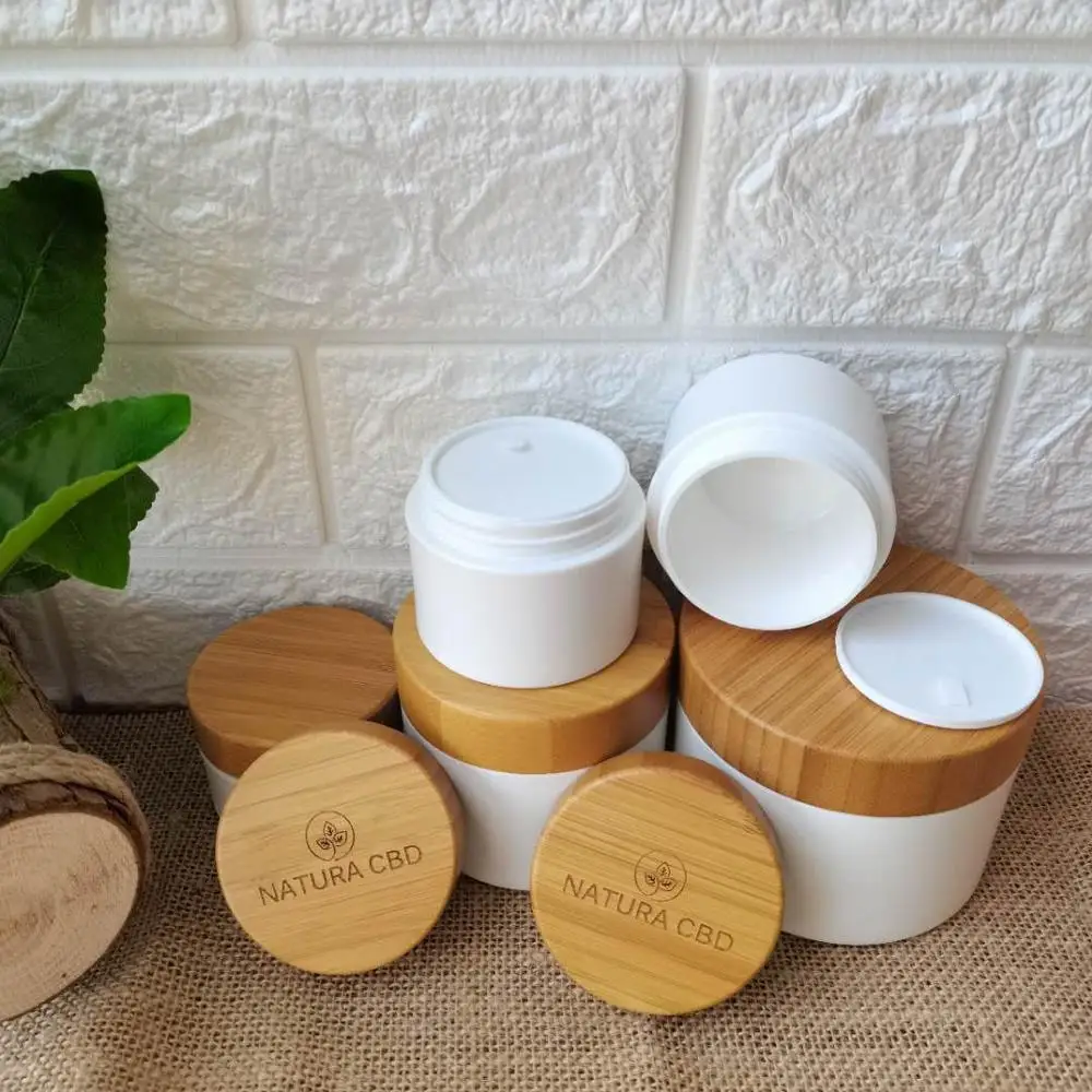 

plastic jar 10g 30g 50g 100g 150g 200g White PP Plastic Jar with Bamboo Lid Essence Cream Container Essence Cream Container