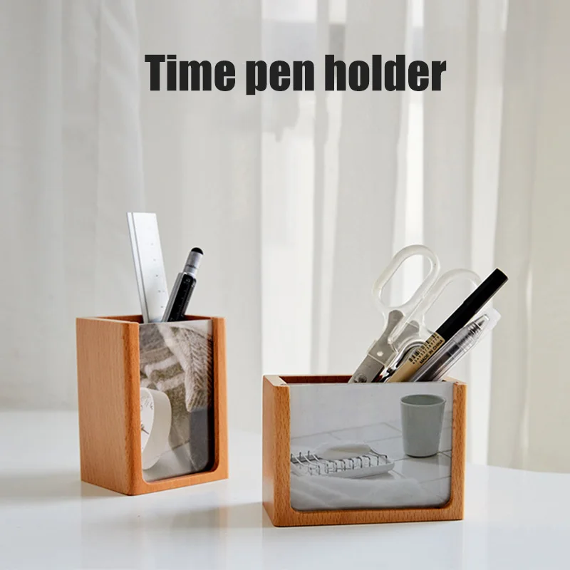 

Wooden Pen Holder with Photo Frame Desk Stationery Organizer Beech Handmade Pencil Cosmetics Holder Органайзер канцелярский
