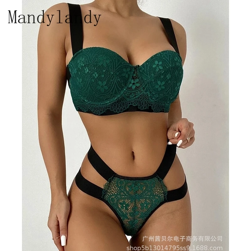 

Mandylandy Summer Strapless Spaghetti Strap Bra + Bandage Hollow Out Panties Set Womens Sexy Solid Color Slim Fit Underwear Suit