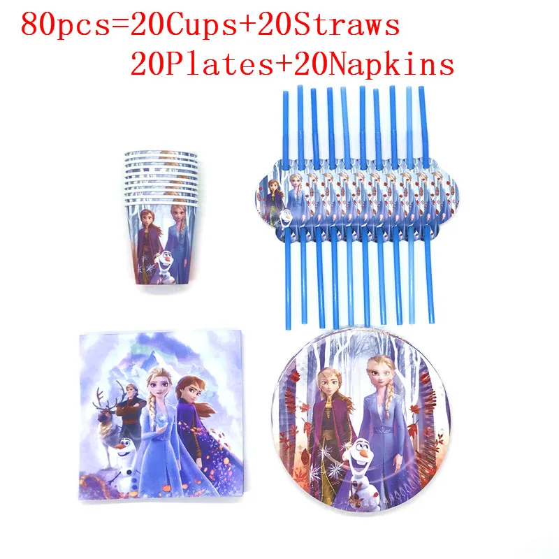 

50Pcs/80Pcs Frozen 2 Birthday Party Supplies Paper Straws Cups Plates Napkins Baby Shower Decor Anna Elsa Birthday Party Sets