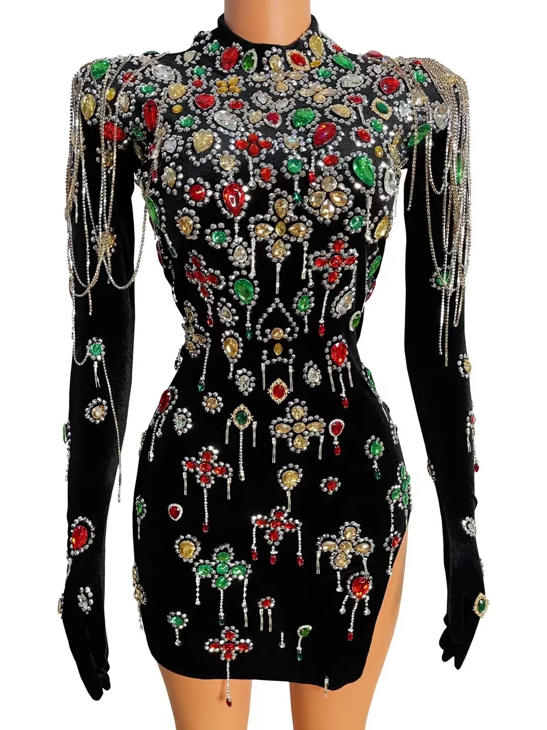 

Colorful Diamond Black Elastic Long-Sleeved Gloves Short Dress Evening Dress Stage Costume Nightclub Bar Festival Outfits DN8867