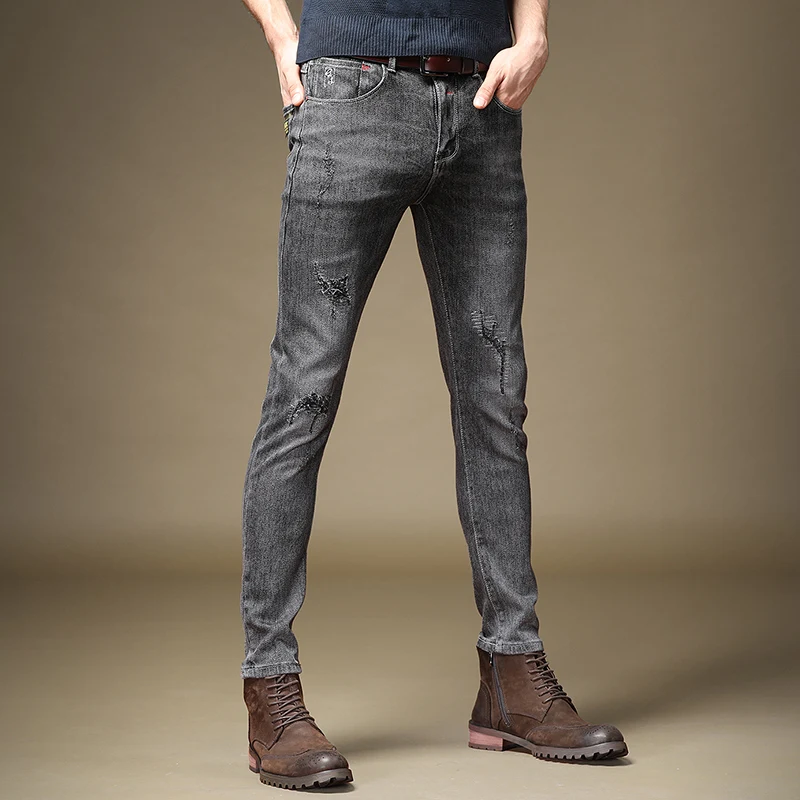 

Осенние мужские облегающие эластичные джинсы 2021, модные рваные джинсовые брюки с заплатками