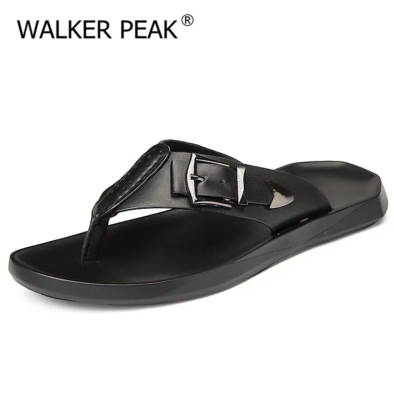 

2021 New Men Sandals Genuine Leather Beach Summer Flats Male Slippers Lightweight Non-slip Man Sandals Flip Flops Brwon Comfort
