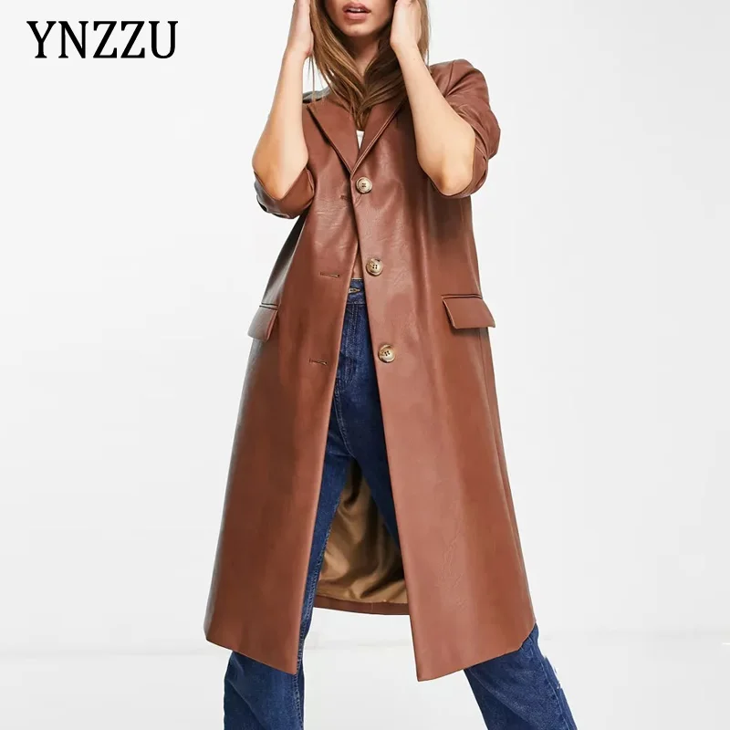 

Женский блейзер из искусственной кожи, элегантный однобортный длинный пиджак коричневого цвета из искусственной кожи, Повседневная Дамска...