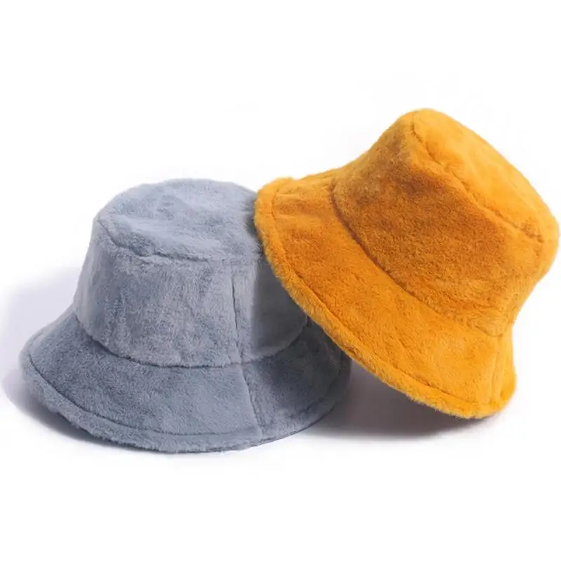 

Winter Outdoor Vacation Lady Panama Black Thickened Soft Warm Fishing Cap Faux Fur Rabbit Bucket Hat for Women