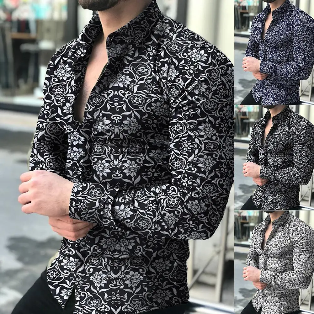 

slim fashion men's floral print long-sleeved button lapels collar shirt shirt 2019 new best selling explosions