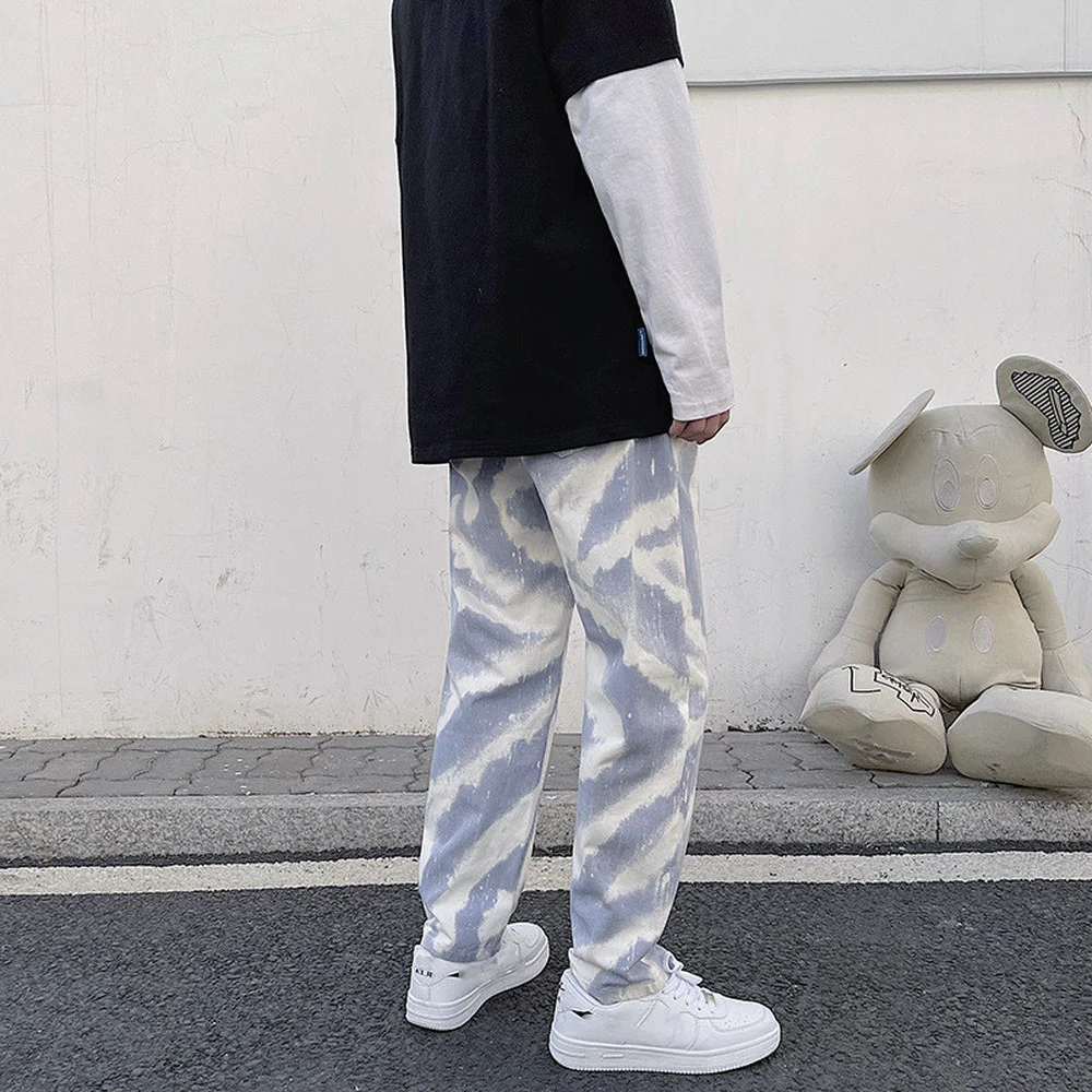 2021 New Tie-dye Jeans Men's Trend Hip-hop Street Elastic Waist Denim Pants Sports Wide-leg Pants Purple Stripes Trousers