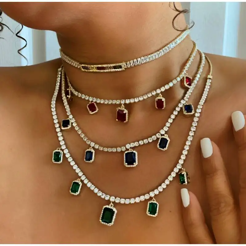 Белый зеленый красный красочный Багет cz падение теннис ожерелье iced out bling чокер для женщин Девушка Роскошные ювелирные изделия