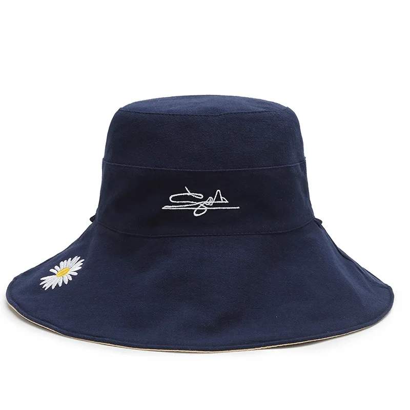 

2020 Anti-UV Cotton Embroidery Bucket Hat Fashion Fisherman Hats Outdoor Travel Hat Whit Rope On Both Sides Sun Cap For Women