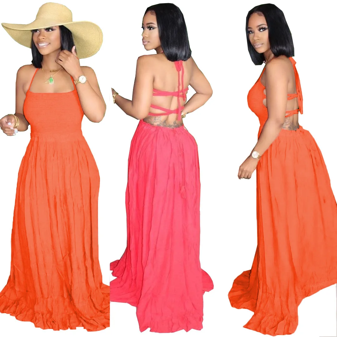 

2021 Bohemian Halter Long Skirt Dress T-shirt Long Skirt Casual Outing Home Clothes Comfortable