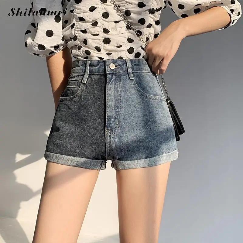 

Women A-Line Denim Shorts Women Short Jeans Khaki Wide Leg Elastic Waist High Waist Shortpants Women Summer Shredded Shorts 2020